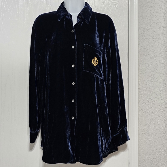 LAUREN RALPH LAUREN Green Label Velvet Button Front Blouse-Blue-LRL Logo-SZ M - Picture 1 of 7
